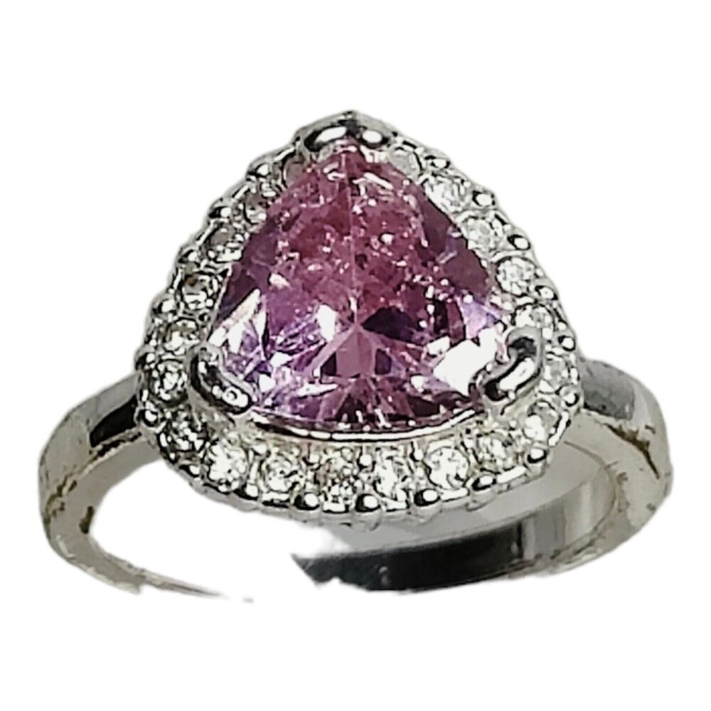 Silver Tone Ring Sz 8 Triangle Cushion‎ Cut CZ Pink Stone Clear CZ Halo Jewelry